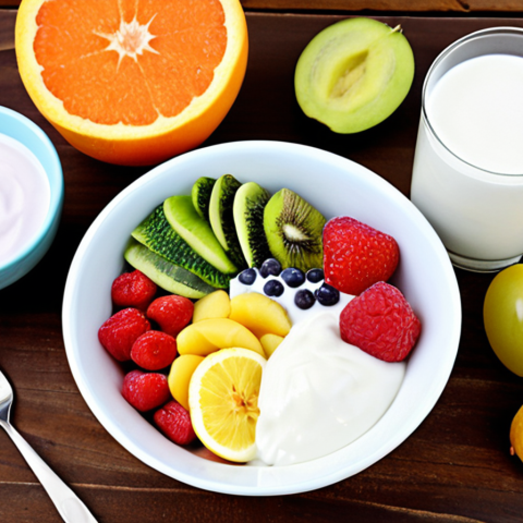 **Balanced Diet for Digestive Health**  
   Prompt: "A colorful and vibrant spread of a balanced meal featuring a variety of fruits, vegetables, and whole grains on a wooden table. Include elements like yogurt and kefir to represent probiotics, with a serene background that suggests health and wellness."