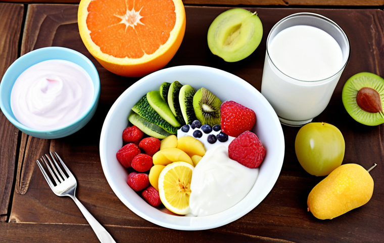 **Balanced Diet for Digestive Health**
Prompt: "A colorful and vibrant spread of a balanced meal featuring a variety of fruits, vegetables, and whole grains on a wooden table. Include elements like yogurt and kefir to represent probiotics, with a serene background that suggests health and wellness."